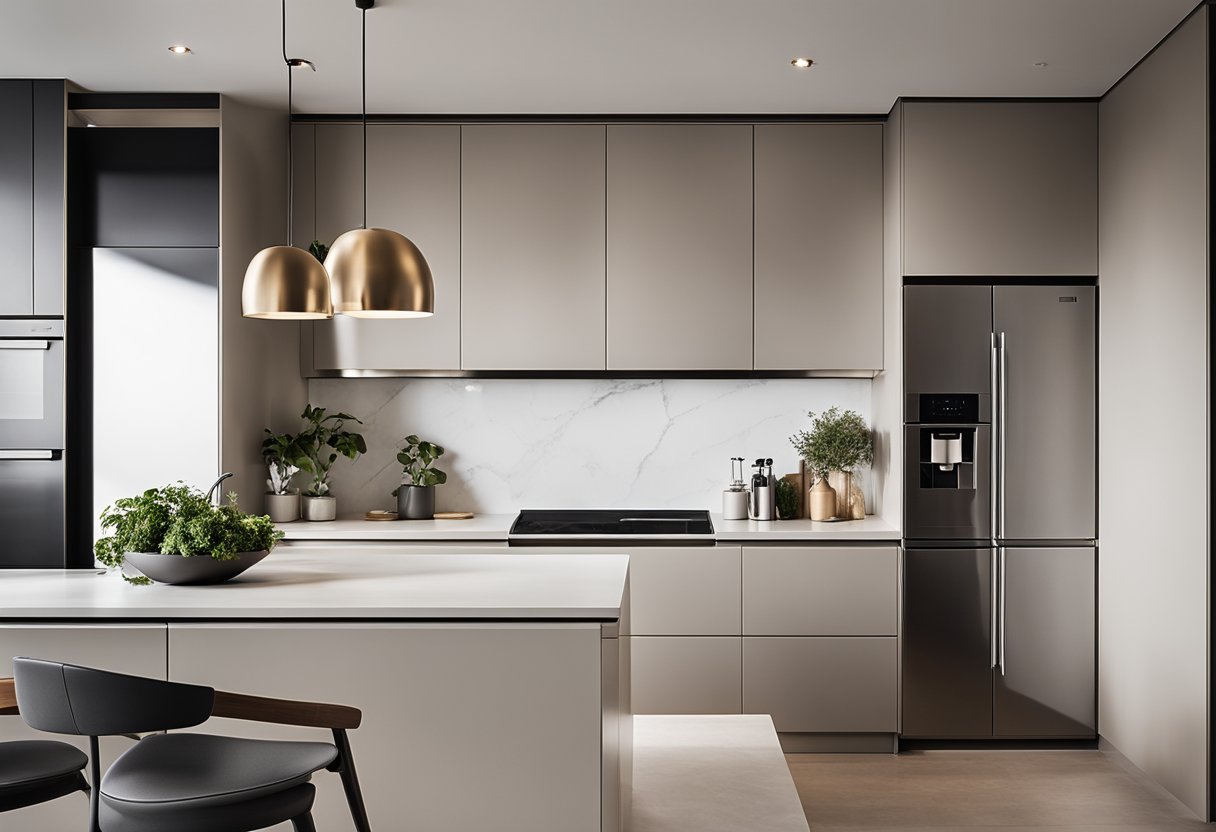 A sleek, modern kitchen with integrated smart appliances and hidden storage solutions. The design features clean lines, minimalist finishes, and a neutral color palette