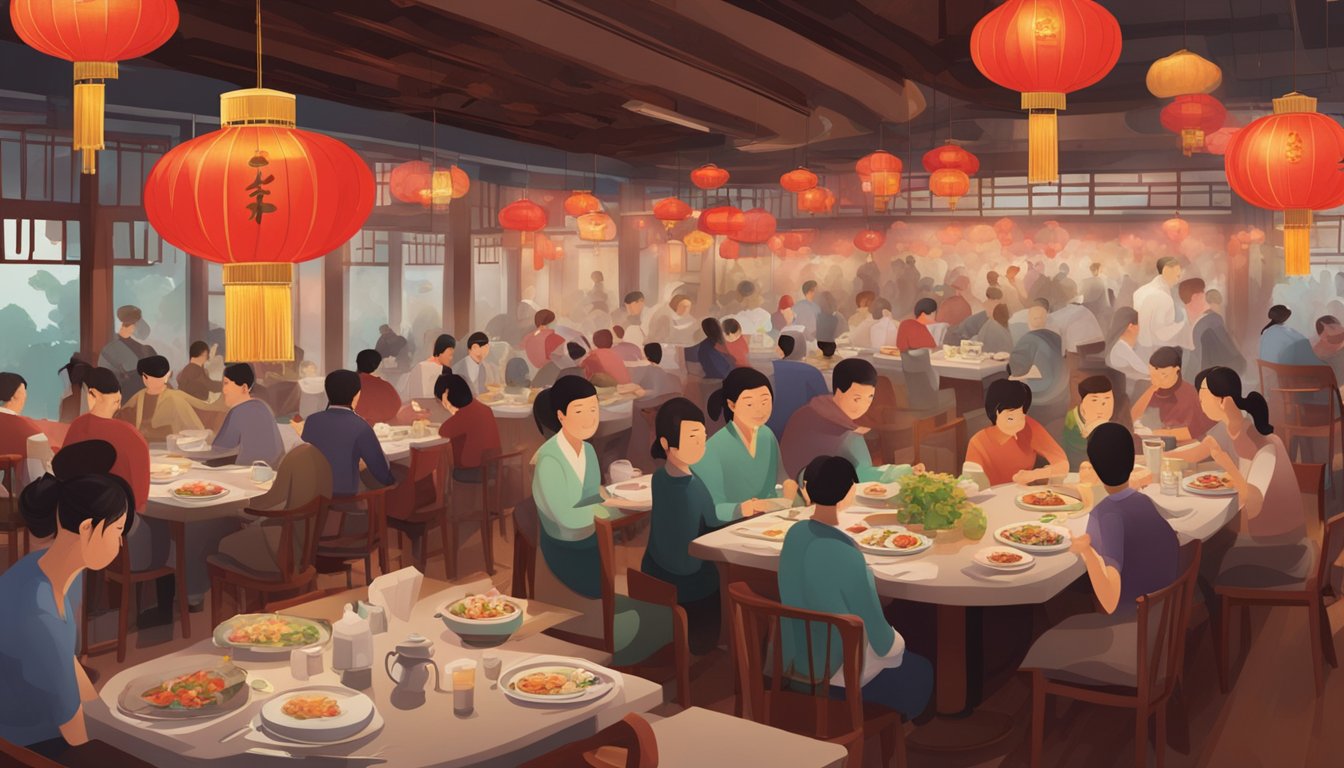 A bustling Chinese restaurant, with red lanterns hanging from the ceiling and steam rising from sizzling woks. Tables are filled with diners enjoying traditional dishes
