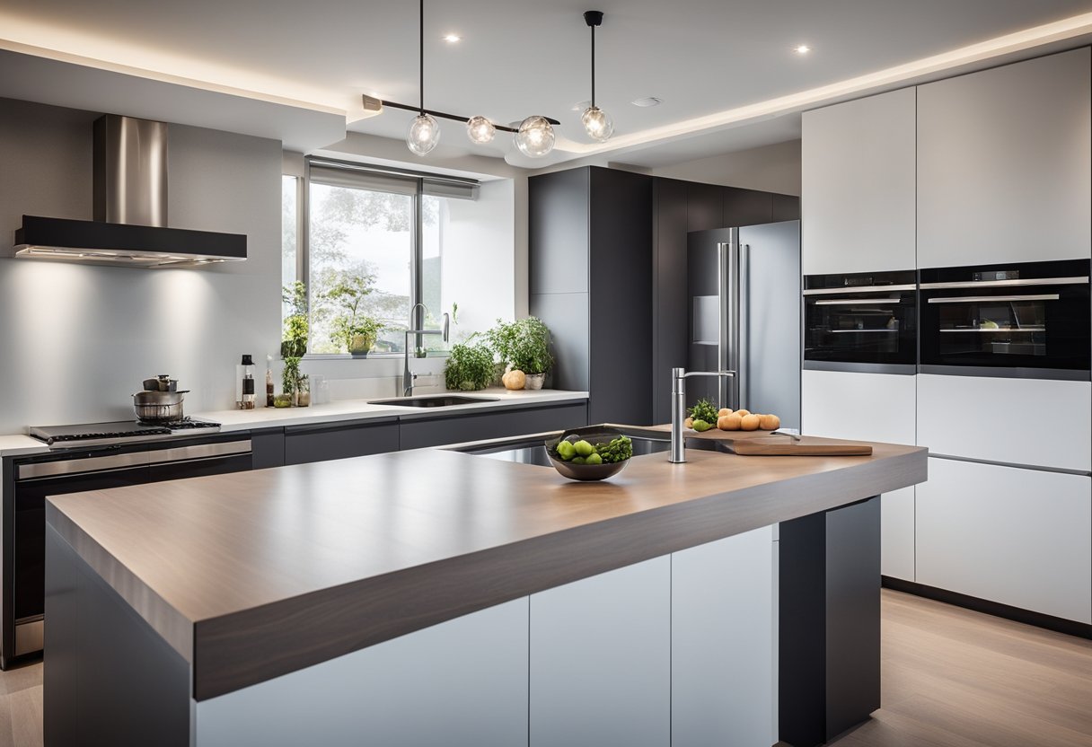 A modern kitchen with sleek, space-saving cabinets and multi-functional countertops. The use of smart technology and efficient storage solutions creates a seamless and stylish cooking environment