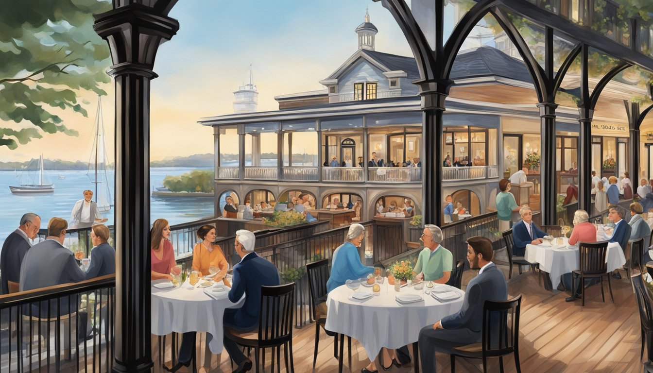 The Customs House restaurant bustles with diners enjoying waterfront views and elegant dining decor