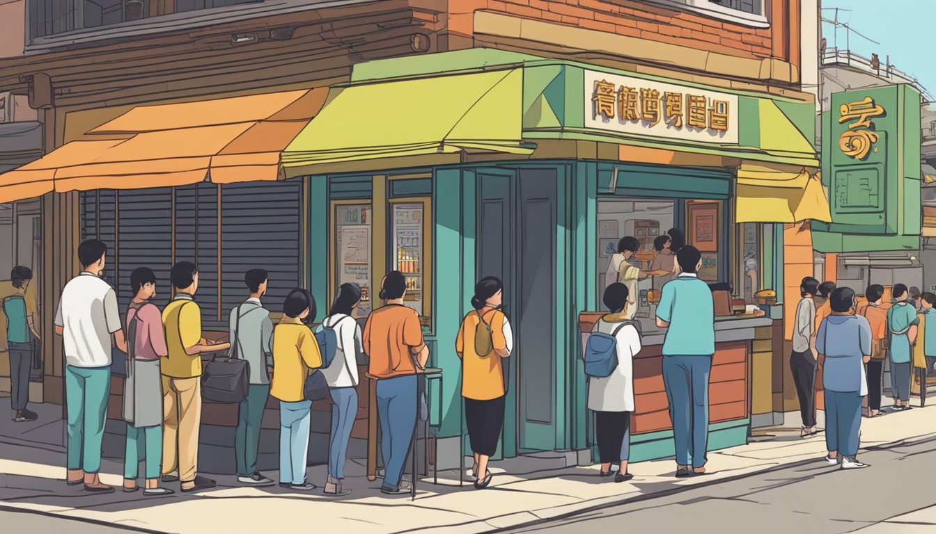 Customers line up outside Fatty Weng restaurant, eagerly awaiting entry. The sign above the entrance reads "Frequently Asked Questions" in bold, colorful letters. A tantalizing aroma wafts from the open kitchen