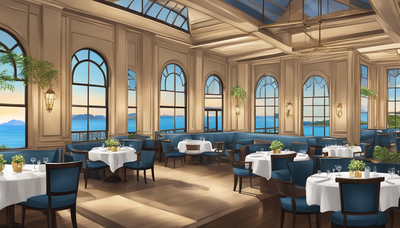 The Ambience customs house restaurant features elegant decor, soft lighting, and a waterfront view