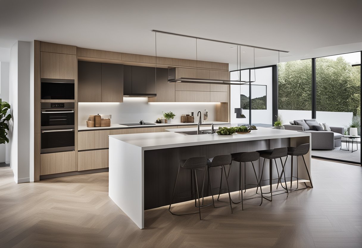 A sleek, modern kitchen with minimalist cabinets, integrated appliances, and a large central island with a built-in cooktop and seating