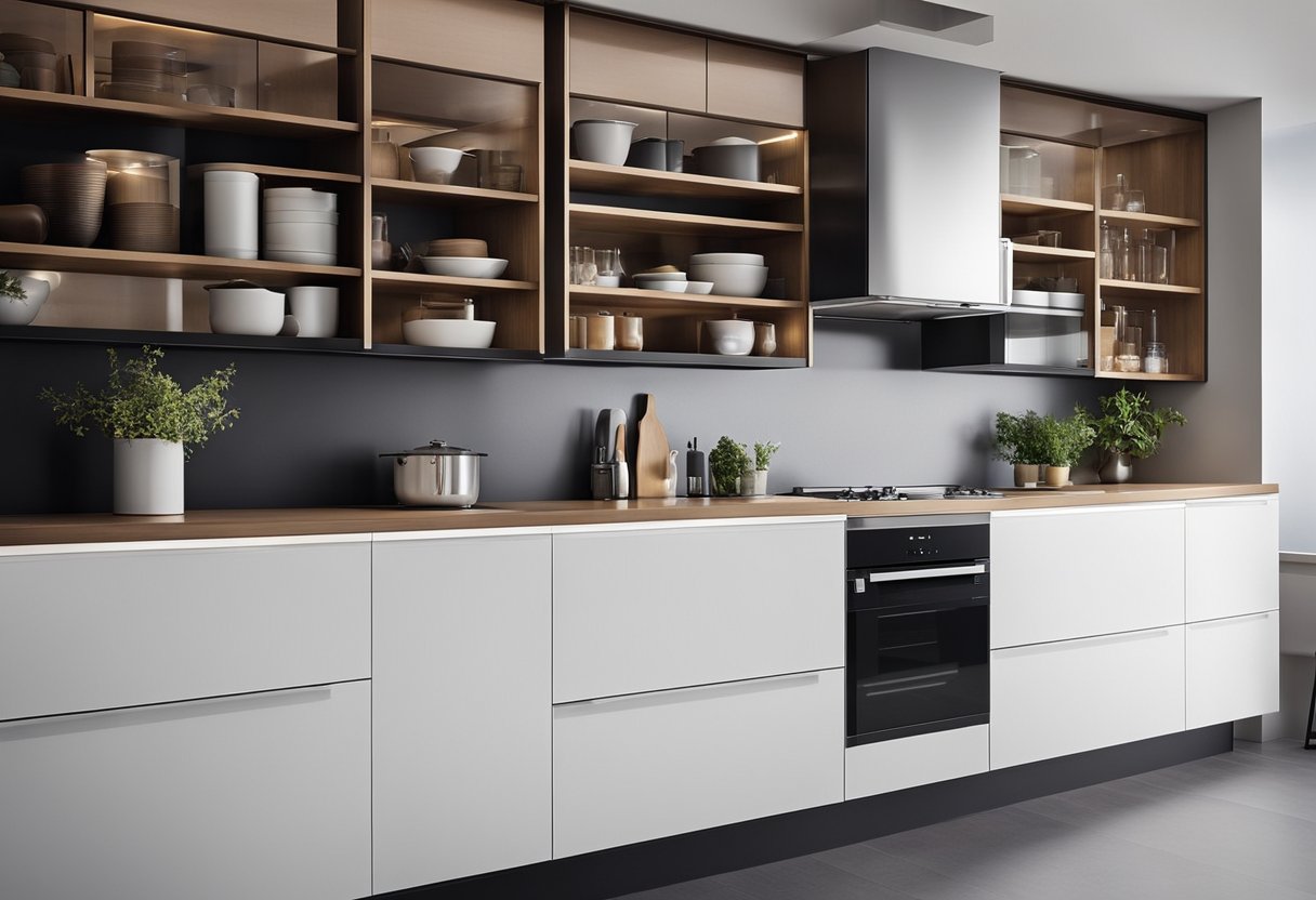 A modern kitchen with sleek, space-saving storage solutions and integrated technology. Open shelving, minimalist design, and multi-functional appliances