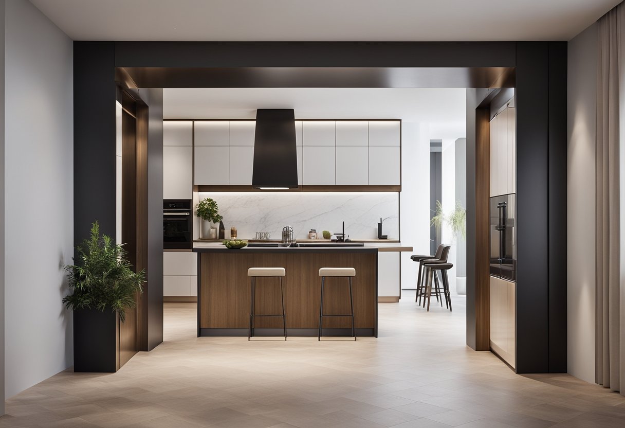 A sleek, modern kitchen entrance arch stands tall, with clean lines and a minimalist aesthetic. The arch is made of polished wood or metal, with subtle lighting highlighting its elegant design