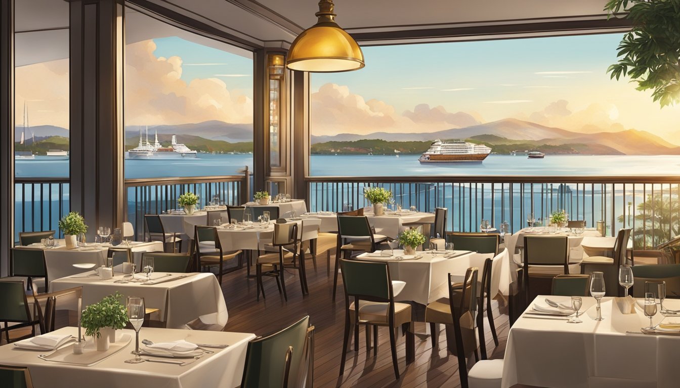 The bustling waterfront restaurant, Savour the Flavours, is filled with the aroma of sizzling dishes and the sound of clinking glasses. The elegant decor and panoramic views create a welcoming atmosphere for diners