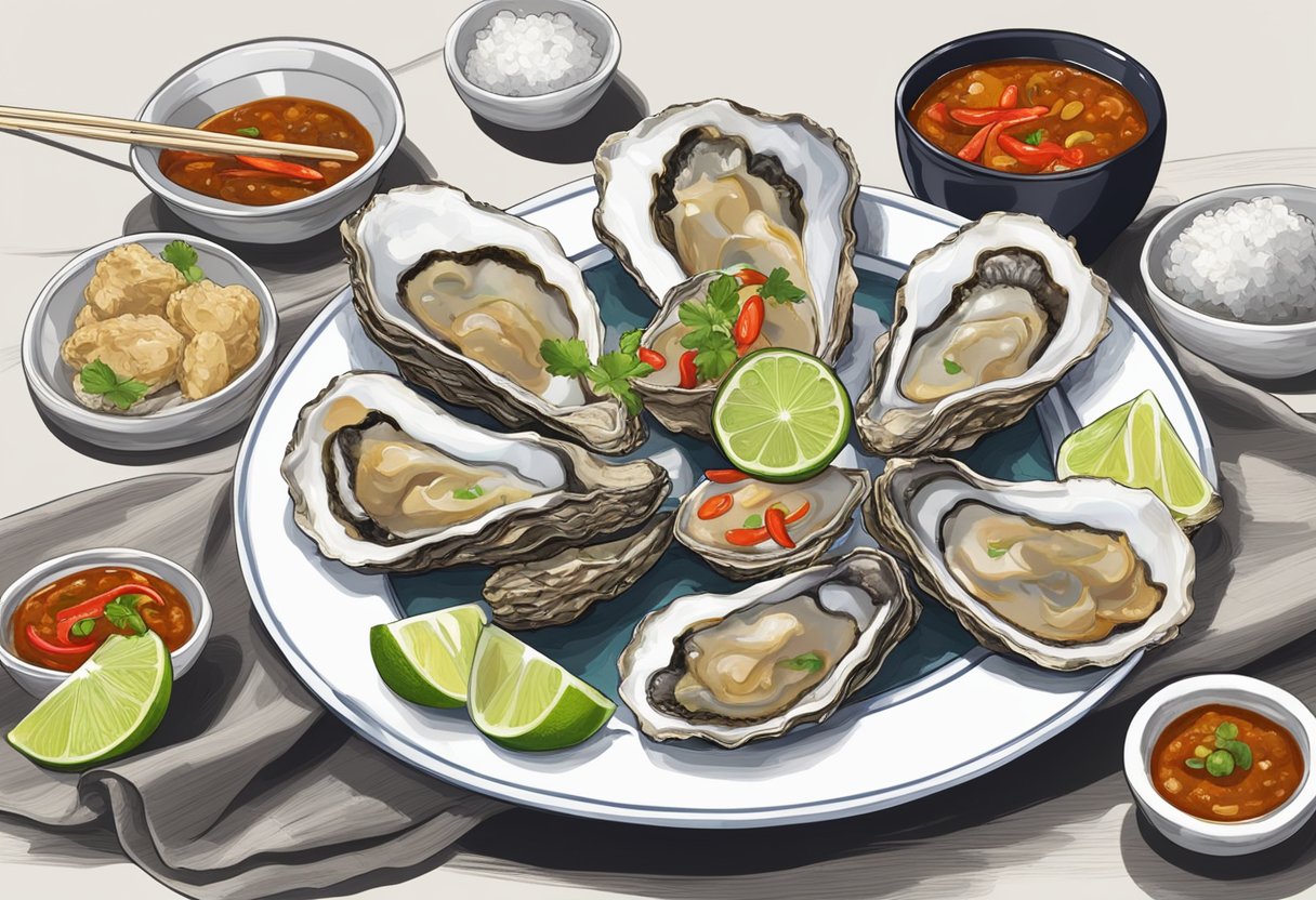 A table set with a plate of oysters in a flavorful Singaporean sauce, accompanied by chili, garlic, and lime, with chopsticks and a decorative napkin