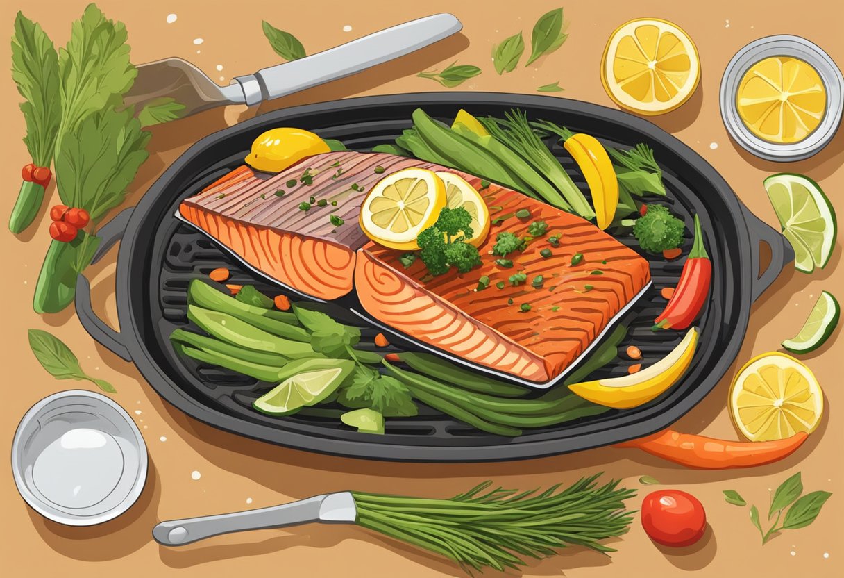 An Atlantic salmon fillet sizzling on a hot grill, surrounded by colorful vegetables and herbs, with a lemon wedge on the side