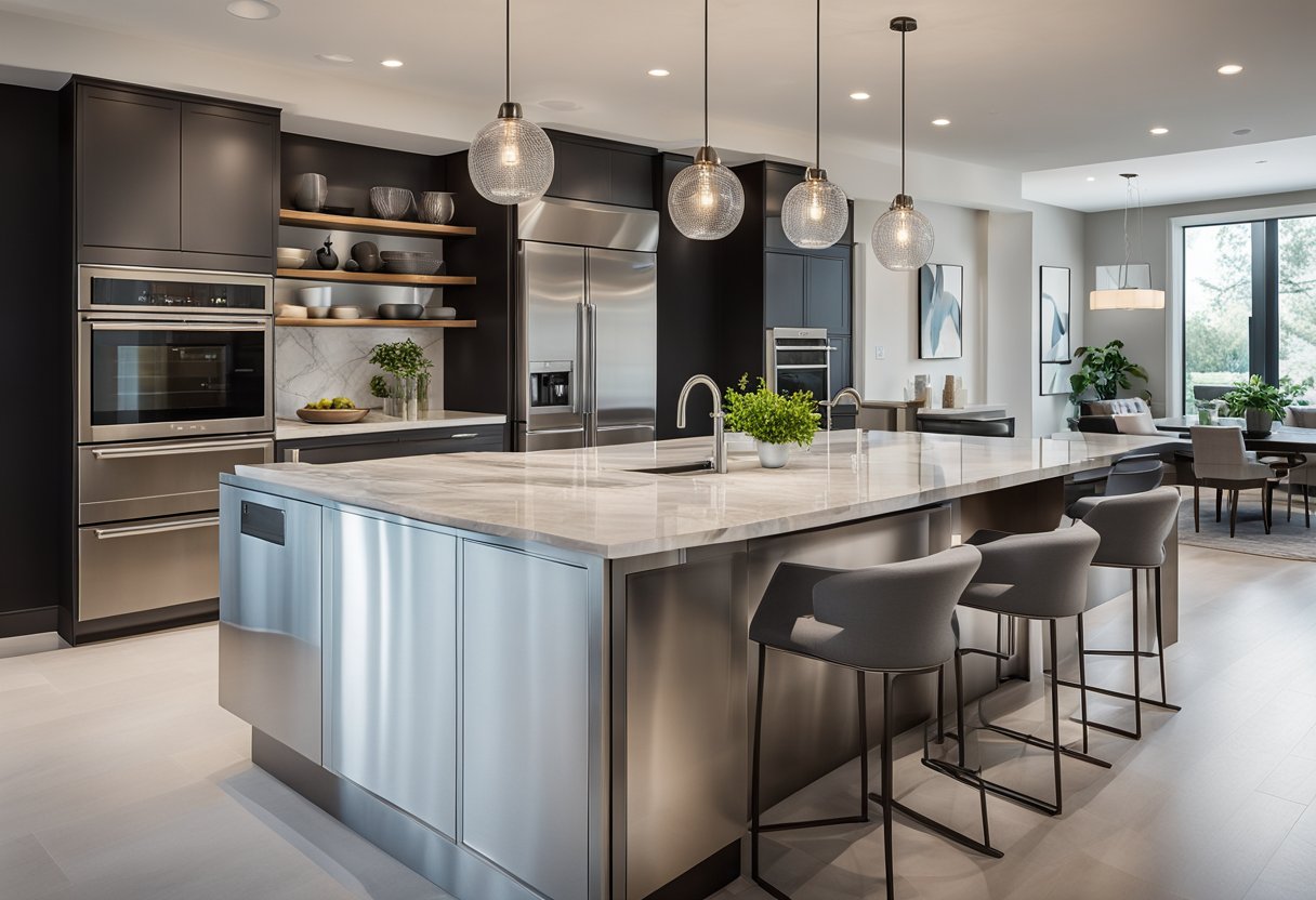 A sleek, modern kitchen island with pendant lighting, marble countertops, and seating for four. Stainless steel appliances and a minimalist color palette complete the contemporary design