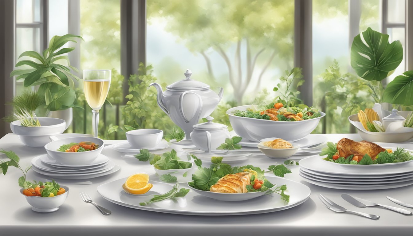 A table set with elegant dinnerware, surrounded by lush greenery and soft ambient lighting, showcasing a variety of beautifully plated gourmet dishes from around the world