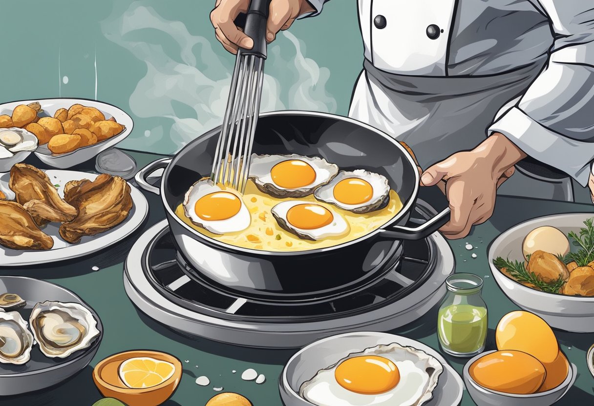 A chef cracks eggs into a bowl, adds fresh oysters and whisked ingredients together in a sizzling pan