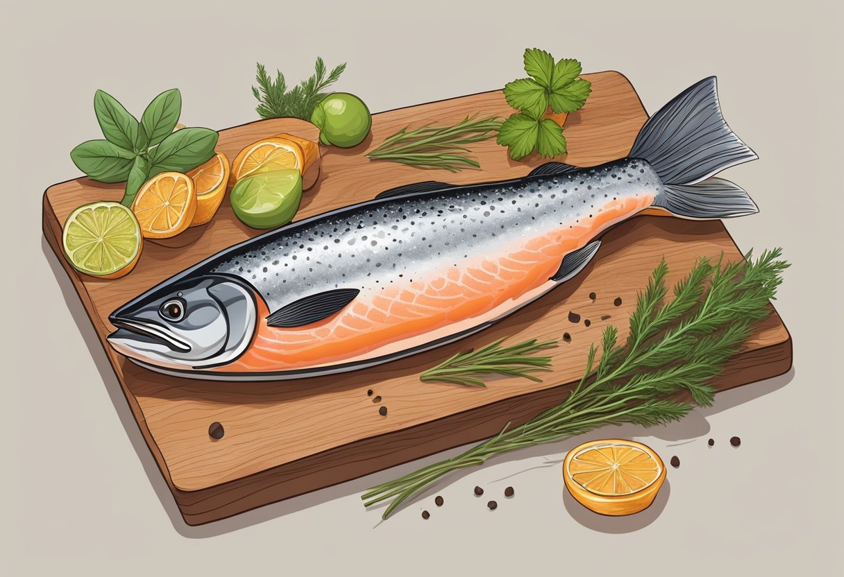 An Atlantic salmon is being seasoned with herbs and spices before being placed on a grill over a bed of hot coals