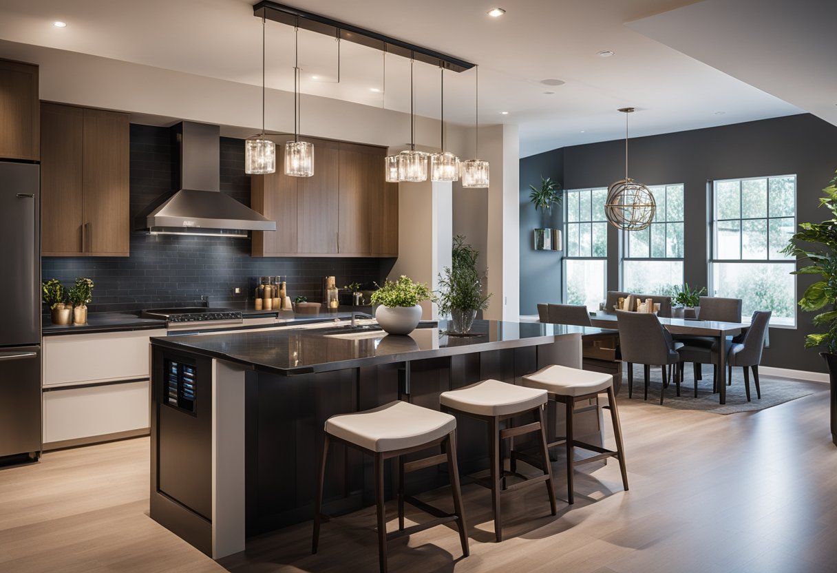 A modern kitchen island with sleek countertops and built-in appliances. Pendant lighting hangs above, while bar stools line the counter for seating