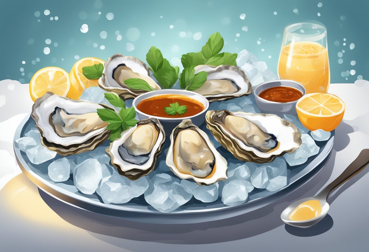 A plate of oysters sits on a bed of ice, garnished with fresh herbs and a drizzle of tangy Singaporean sauce