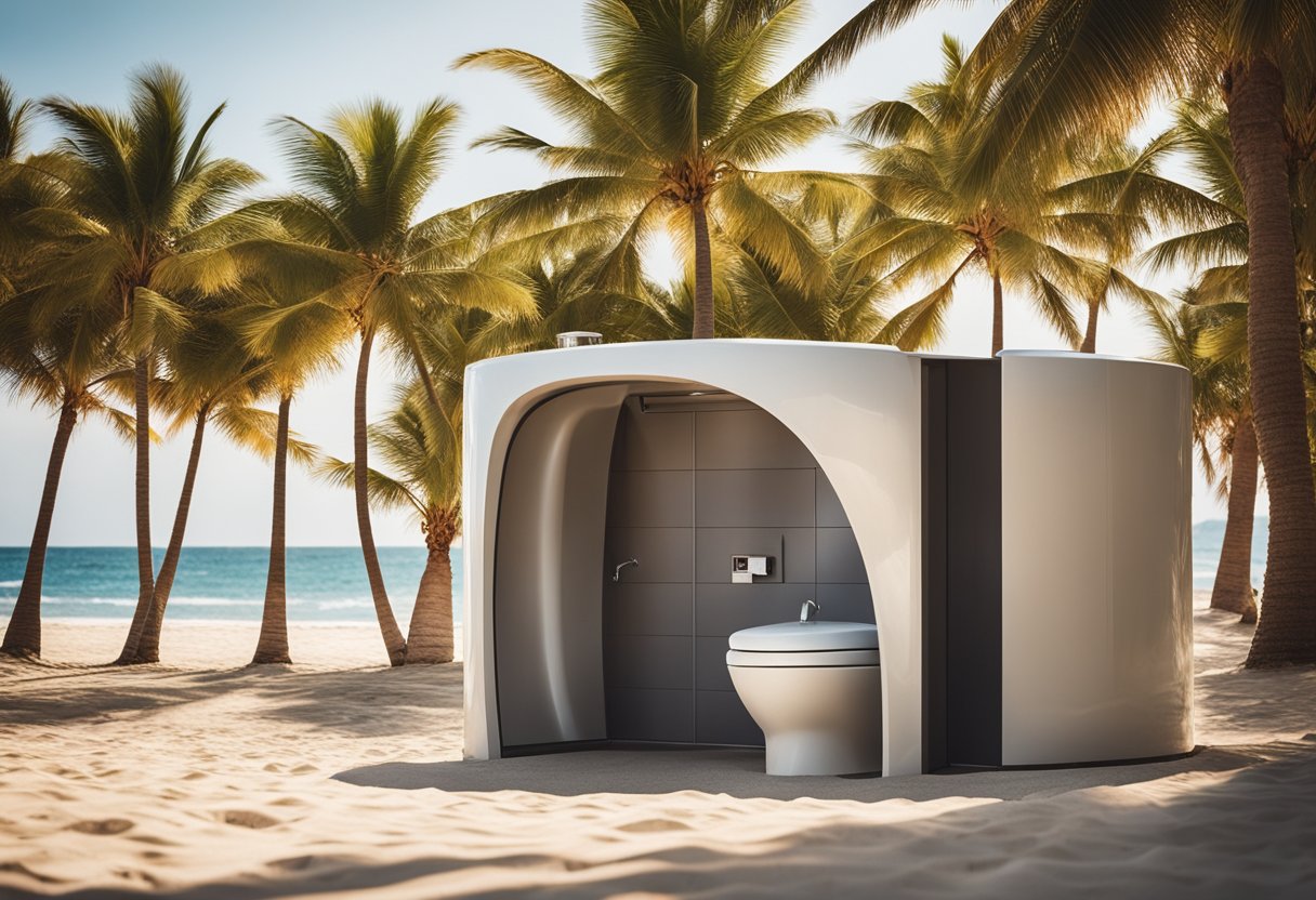 A modern beach toilet with sleek, curved lines, large windows, and a spacious interior, surrounded by palm trees and a sandy shore