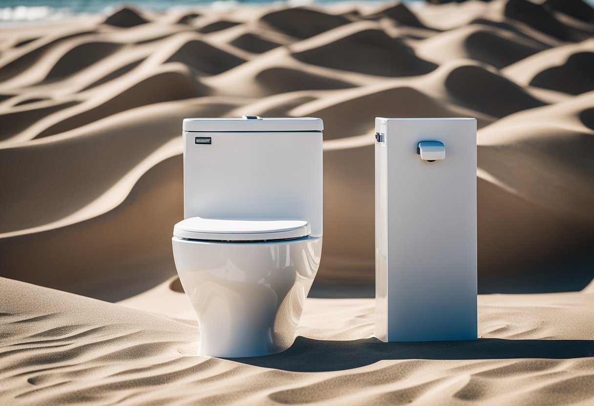 A sleek, modern toilet sits on a sandy beach, surrounded by durable, weather-resistant materials. The design is both practical and stylish, with clean lines and a neutral color palette
