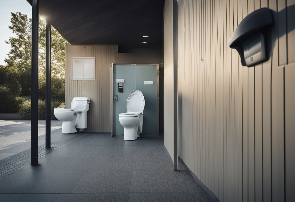 A beach toilet with wide entrance, grab bars, and non-slip flooring for accessibility. Visible signage for public use