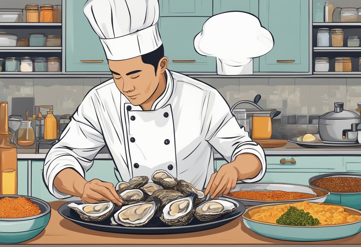 A chef prepares a plate of fresh oysters with a tangy Singaporean sauce, surrounded by vibrant spices and ingredients