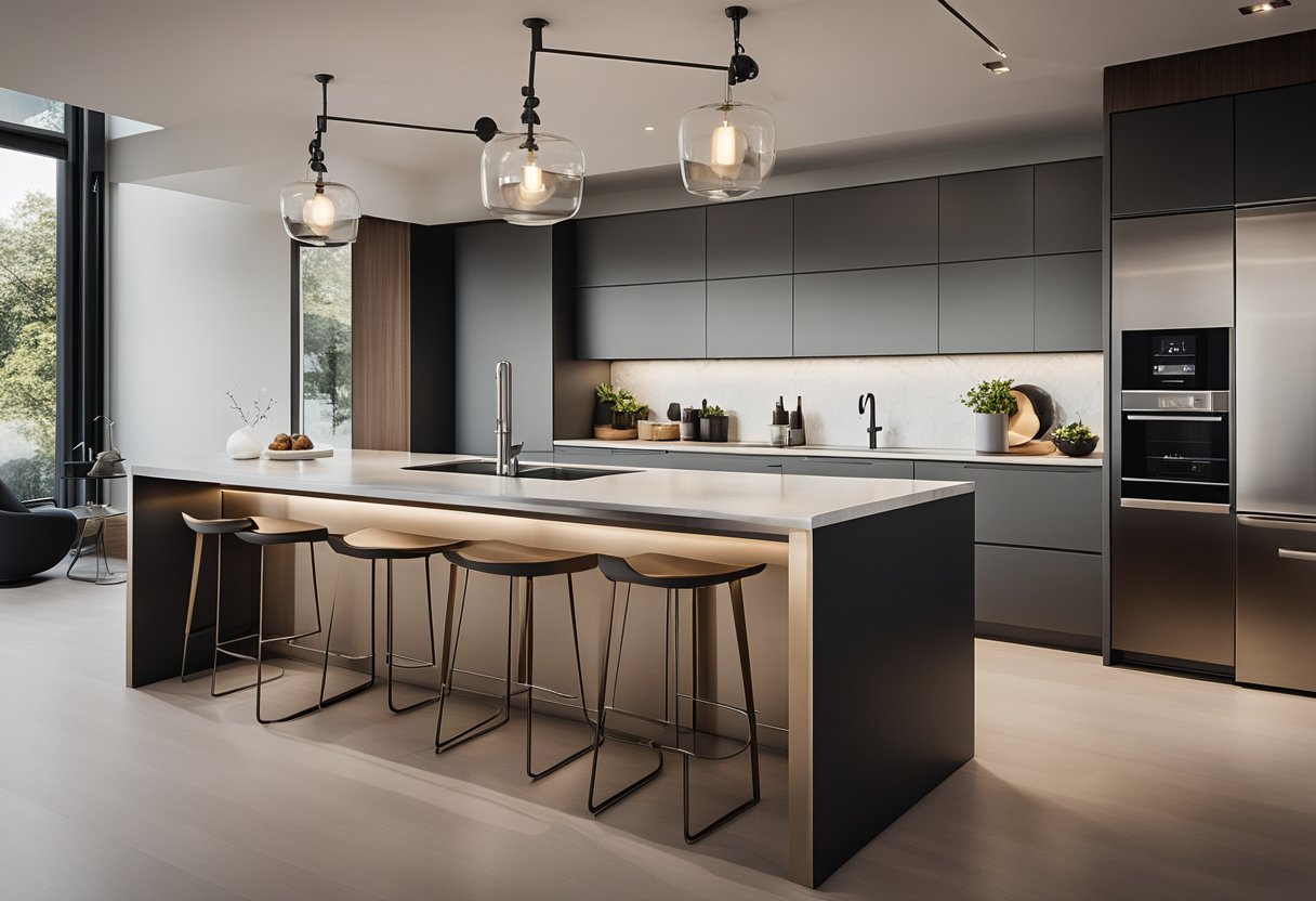 A sleek, modern kitchen island with integrated storage and clean lines, accented by stylish pendant lighting and a seamless countertop