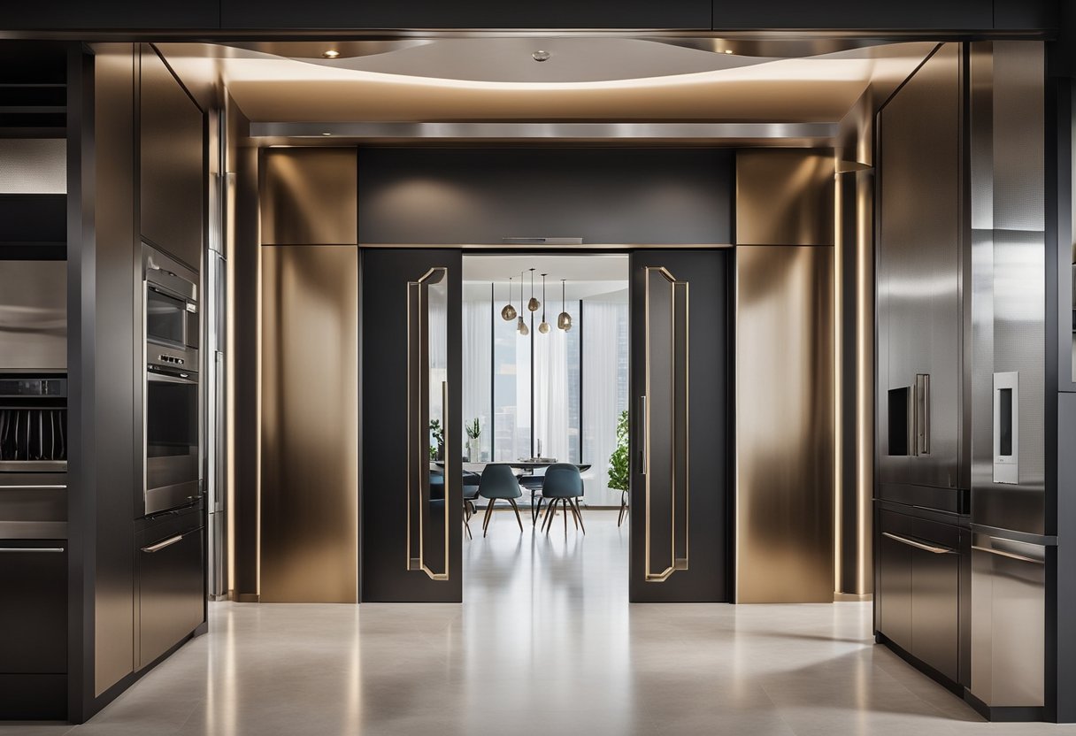 The kitchen entrance arch features clean lines and modern design, with a sleek metallic finish and subtle geometric patterns