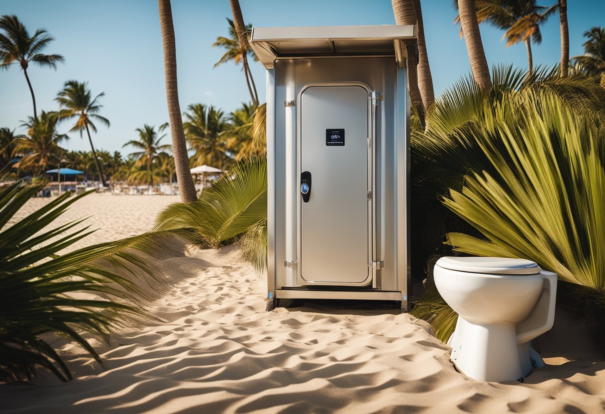 A beach toilet with clear signage, accessible ramp, and outdoor shower, surrounded by palm trees and a sandy beach