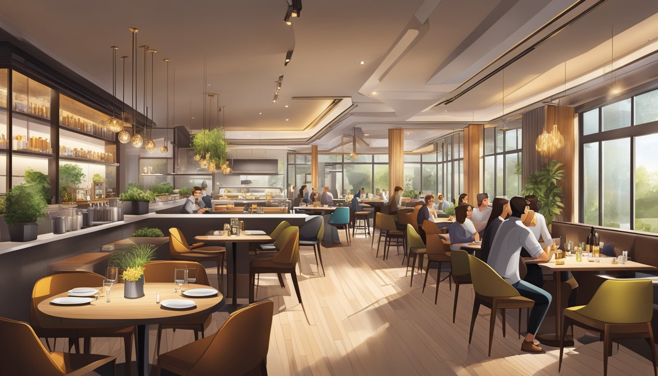 The bustling synthesis restaurant, with its sleek modern design and warm lighting, features a vibrant open kitchen, stylish bar area, and cozy dining tables