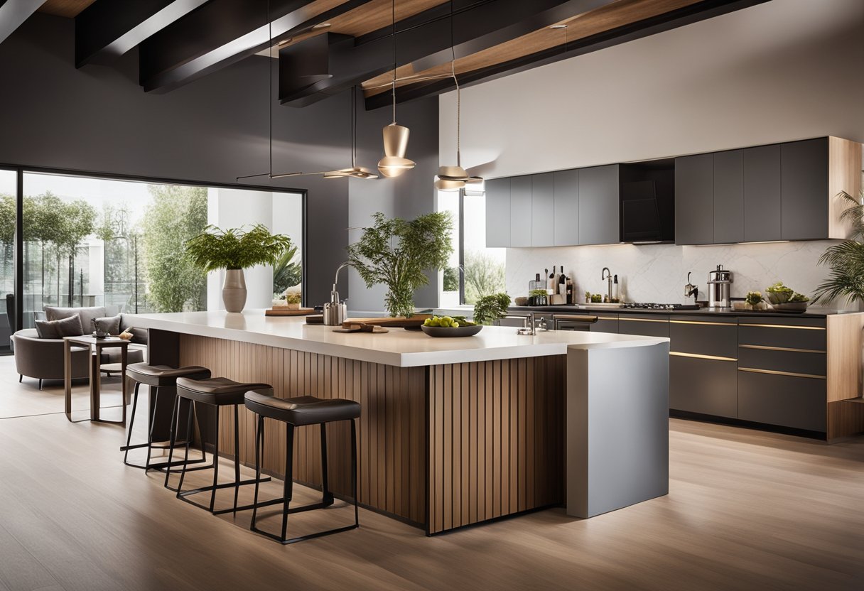 A modern kitchen island with sleek design, integrated storage, and a built-in seating area. The island is illuminated by pendant lights and surrounded by stylish bar stools