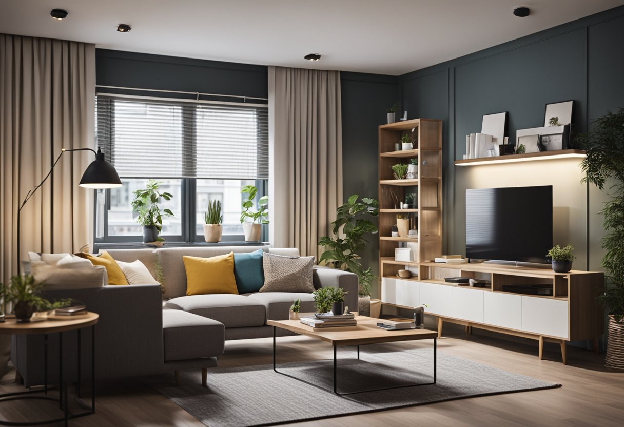 A small, cluttered room transformed into a modern, spacious living area. Bright lighting, clean lines, and stylish furniture create an inviting atmosphere