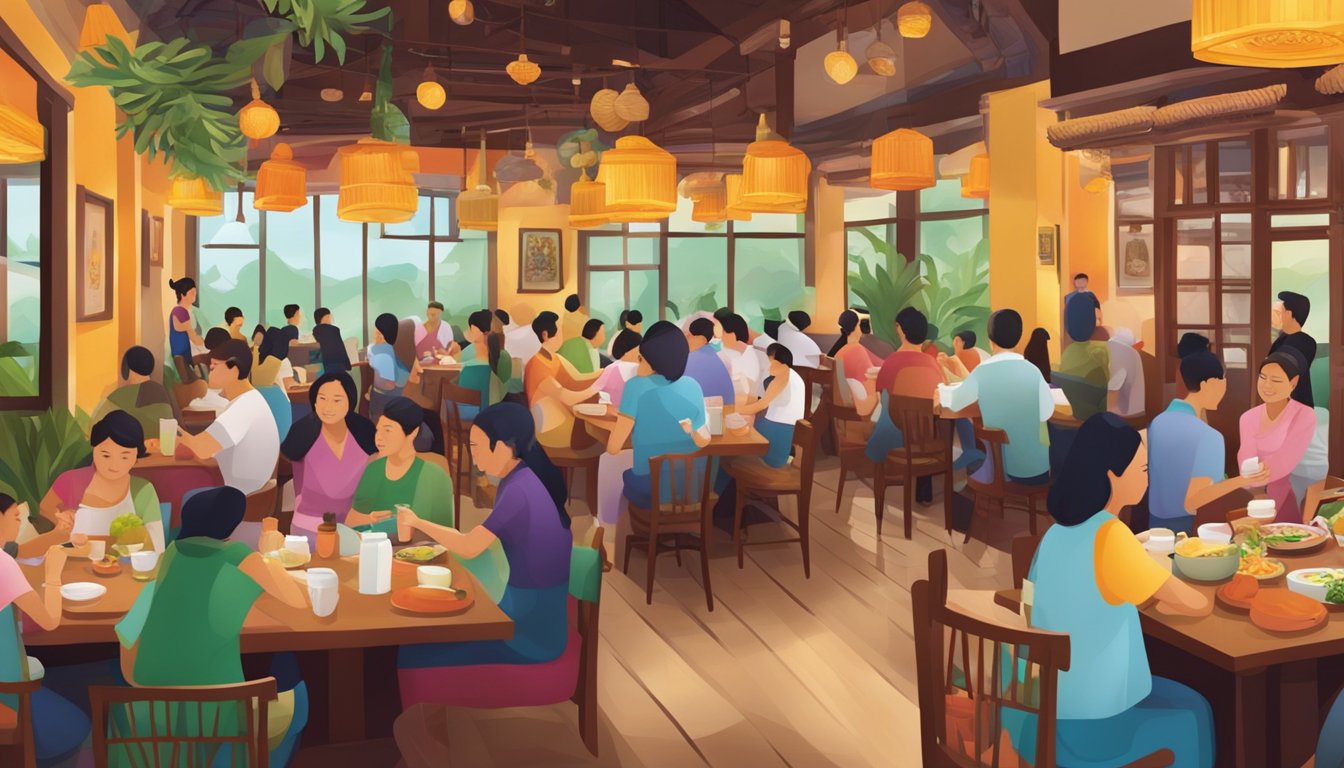A bustling Jai Thai restaurant in Singapore, with colorful decor and diners enjoying traditional Thai cuisine