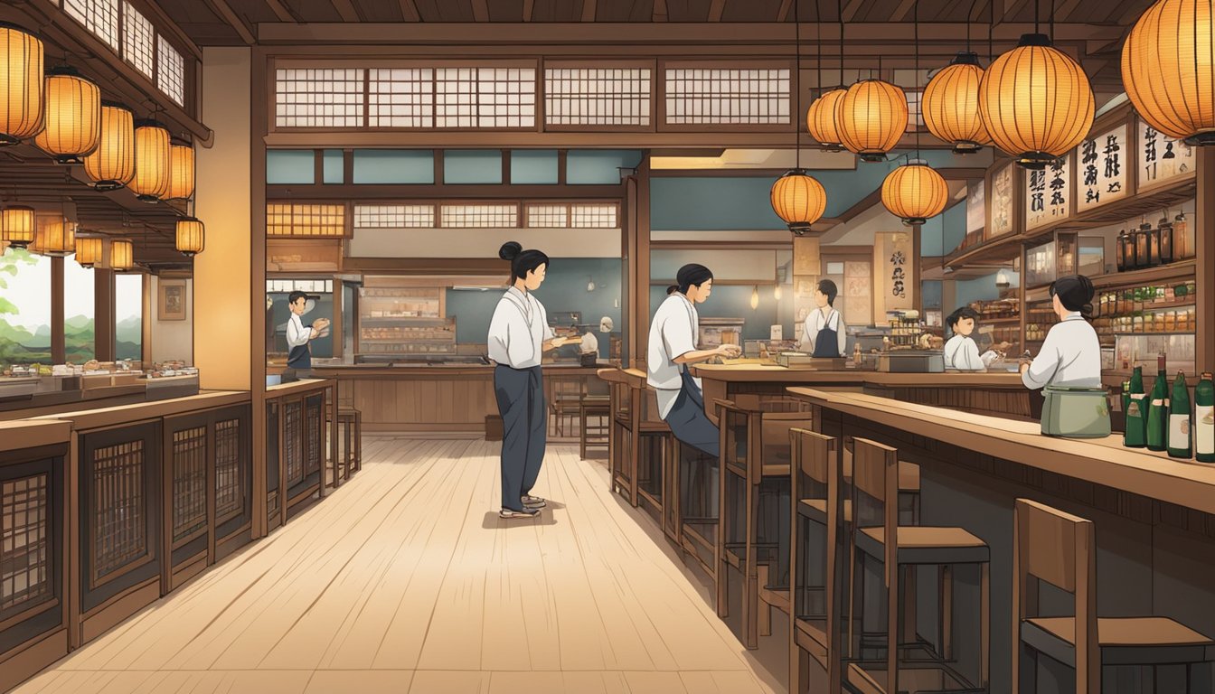 A bustling Japanese restaurant with paper lanterns, wooden tables, and a sushi bar. Sake bottles line the shelves, and the aroma of sizzling tempura fills the air