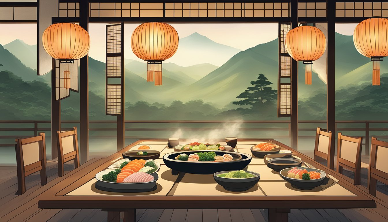 A traditional Japanese dining setting with low tables, floor cushions, and paper lanterns casting a warm glow. Sushi and sashimi plates arranged neatly, with steaming bowls of miso soup and green tea