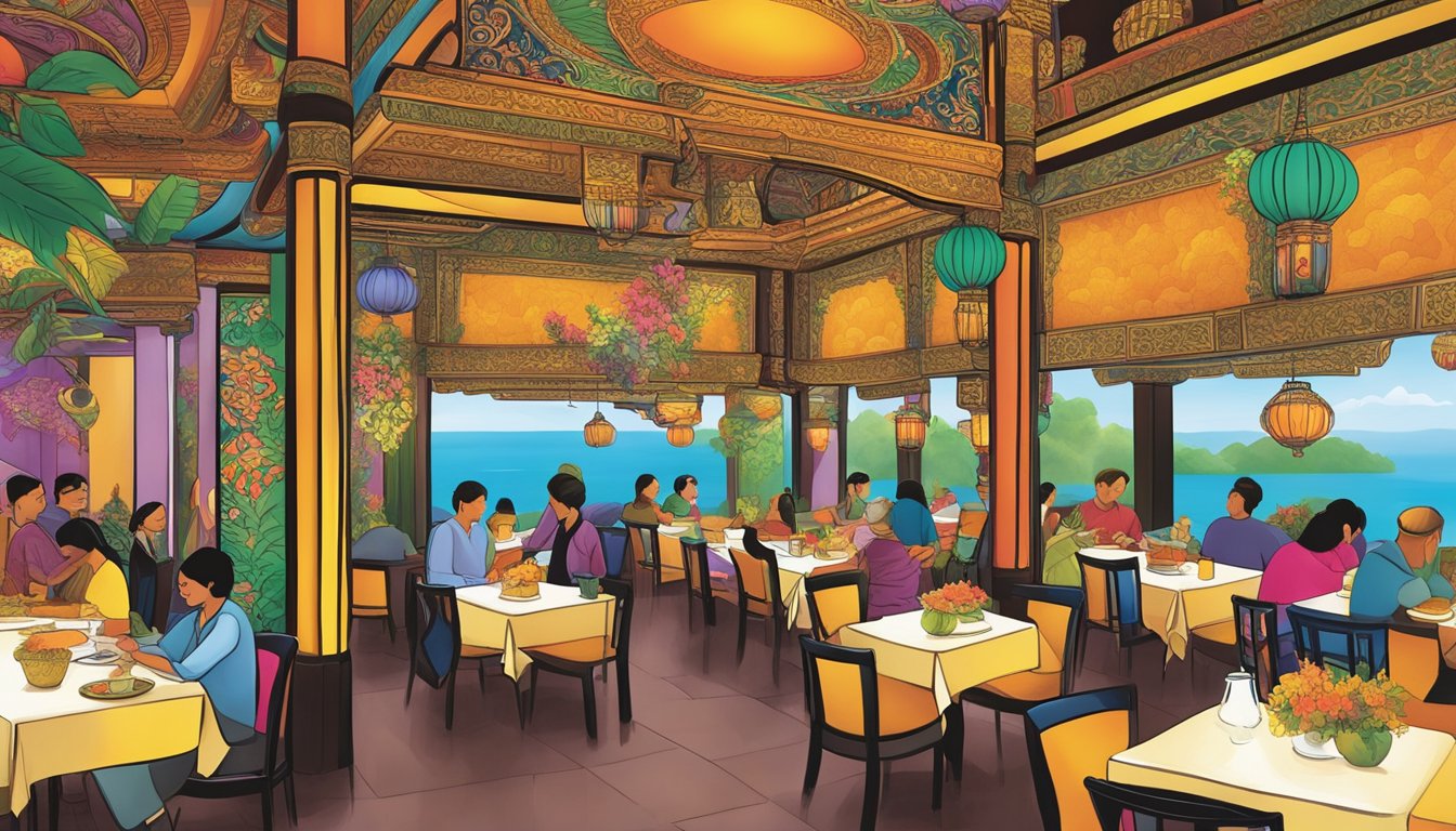 Customers peruse a colorful menu at Jai Thai Restaurant, with vibrant decor and traditional Thai artwork creating a lively atmosphere