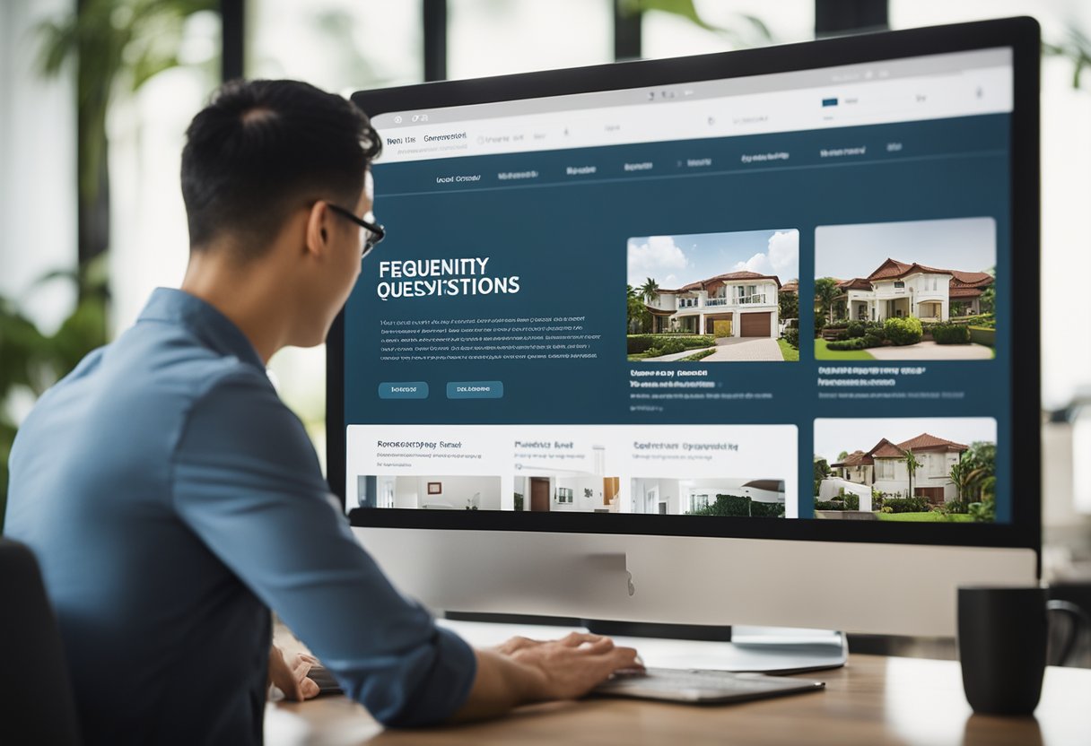A homeowner browsing a list of "Frequently Asked Questions" on a budget renovation website in Singapore