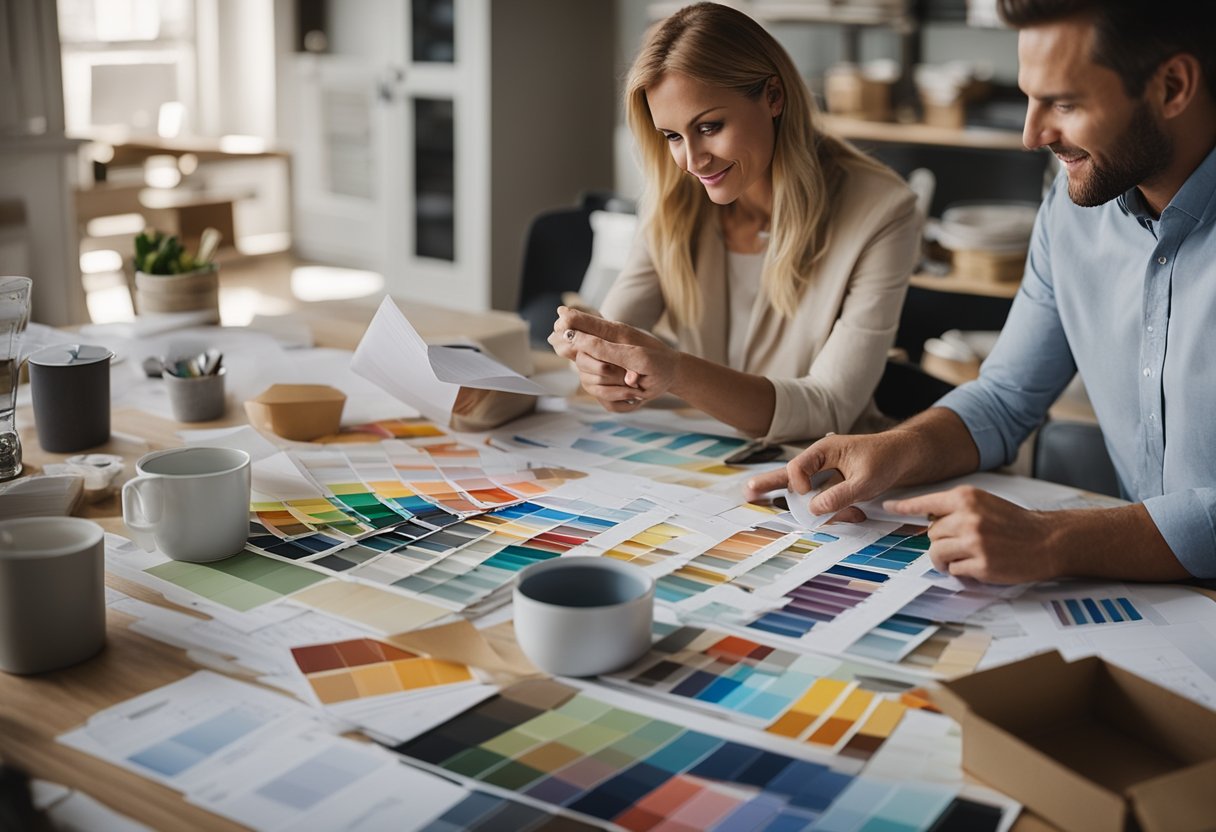 A couple discusses renovation plans at a cluttered dining table, surrounded by paint swatches, floor samples, and budget spreadsheets