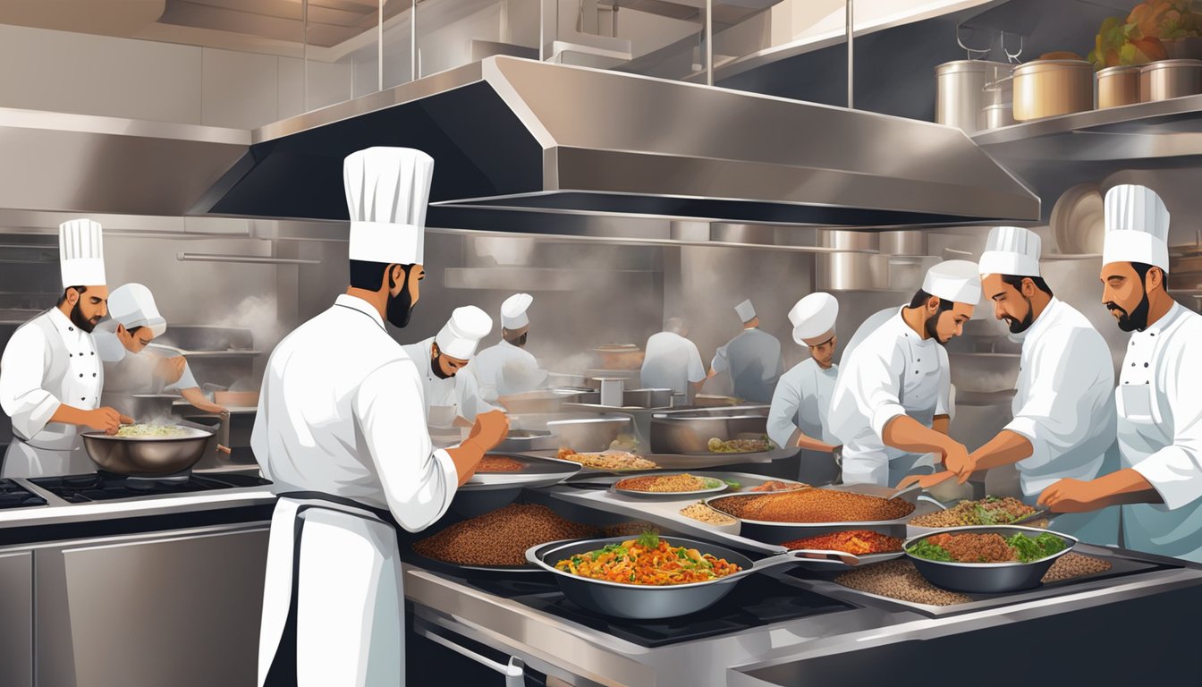 A bustling restaurant kitchen with chefs preparing vibrant Middle Eastern dishes amidst the aroma of spices and sizzling meats