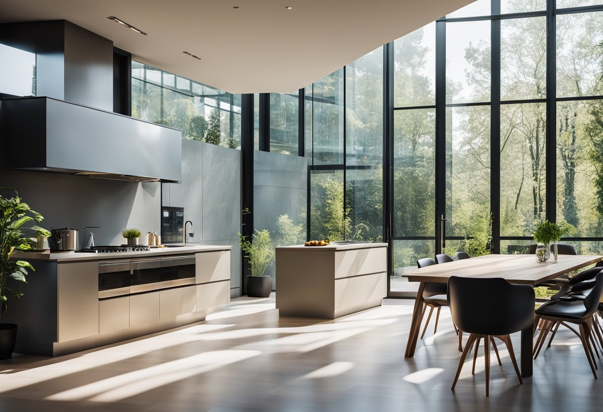 The kitchen glass wall reflects the sunlight, creating a bright and airy atmosphere. The modern design features sleek lines and minimalistic details, allowing for a clear view of the outdoor scenery