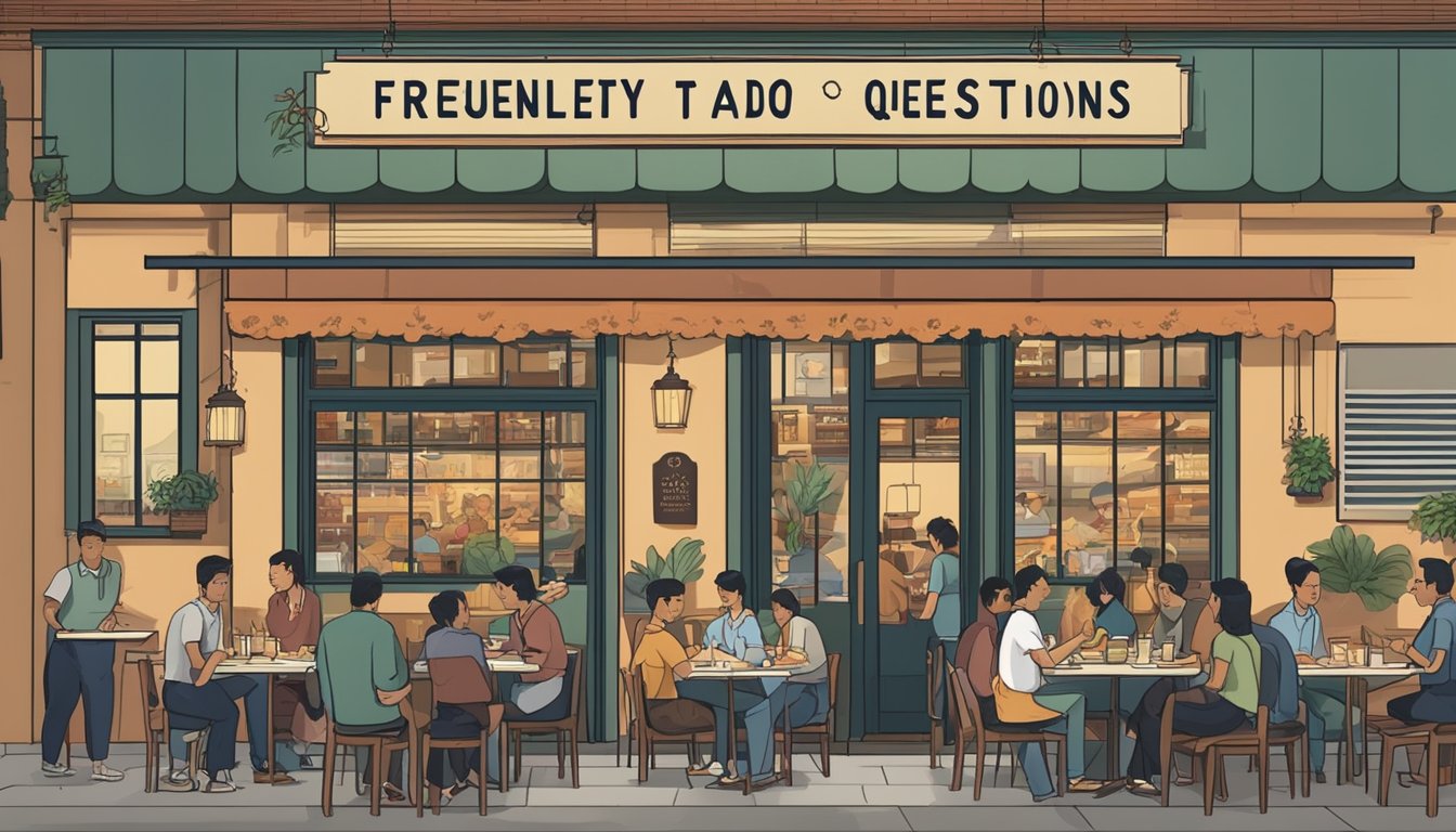 A bustling restaurant with tables filled with diners, servers rushing back and forth, and a large sign reading "Frequently Asked Questions joo heng restaurant" hanging above the entrance