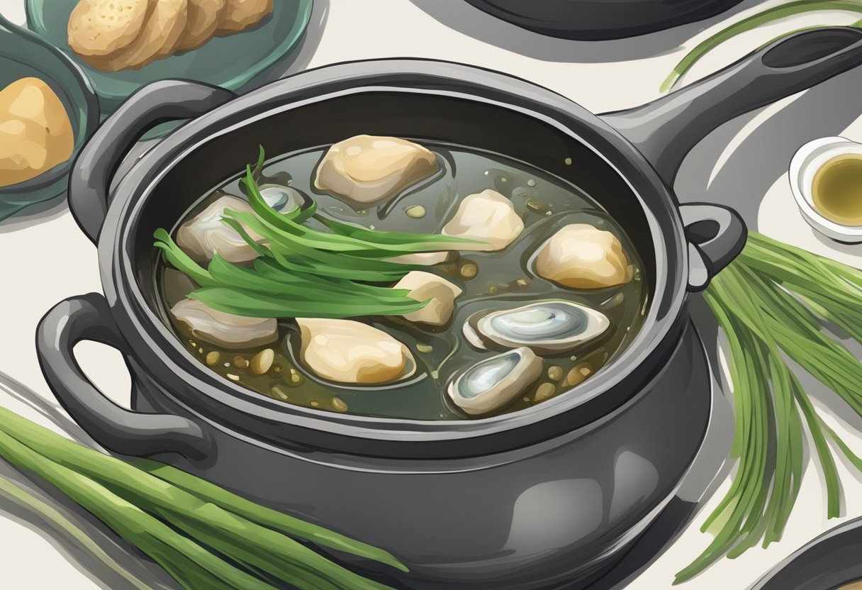 A pot simmering with kelp and abalone. Ingredients like soy sauce, garlic, and green onions nearby