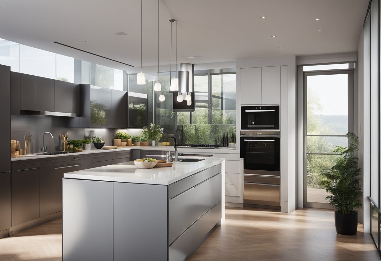 A modern kitchen with glass walls, allowing natural light to flood the space. Sleek countertops and stainless steel appliances add a touch of elegance