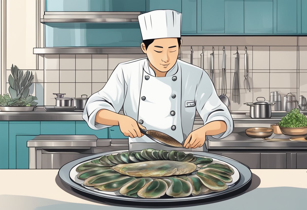 A chef slices fresh abalone, then marinates it in a traditional Korean seasoning before grilling it to perfection