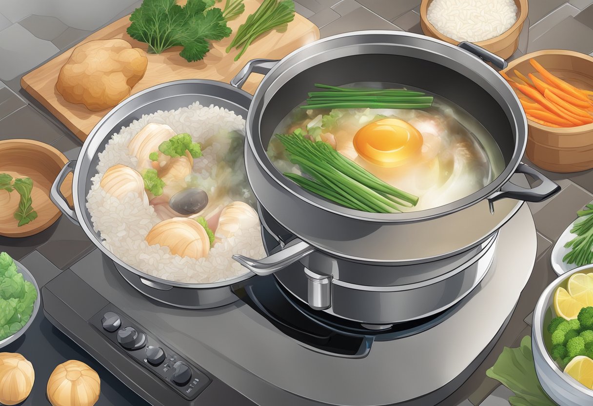 A pot simmers on a stove with abalone, rice, and vegetables. Steam rises as the ingredients meld together, creating a fragrant and savory aroma