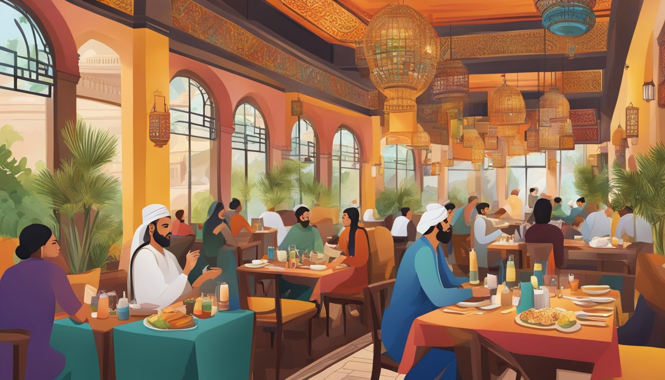A bustling restaurant with vibrant decor, blending Middle Eastern and South Asian elements. Aromatic spices fill the air as diners enjoy diverse cuisine