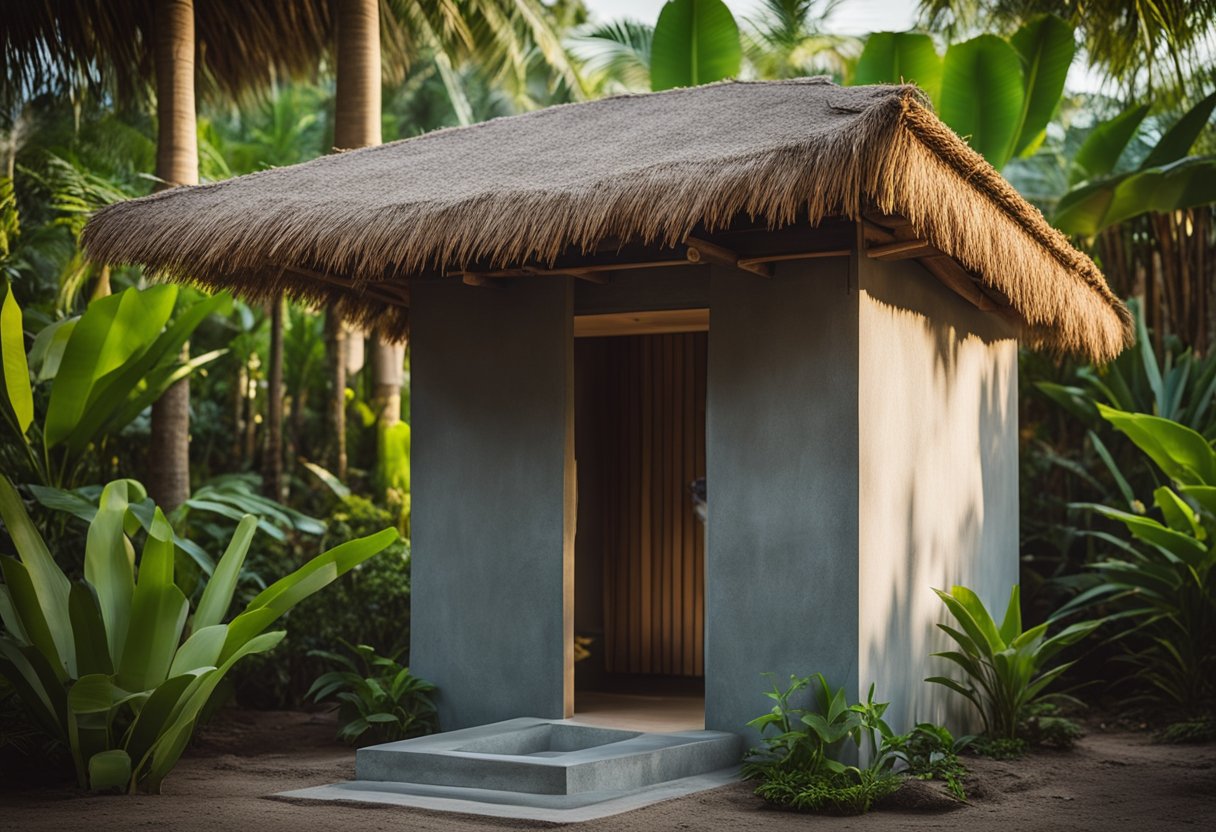 A tropical toilet with a raised, vented pit, a sloped concrete slab, and a thatched roof overhanging the structure
