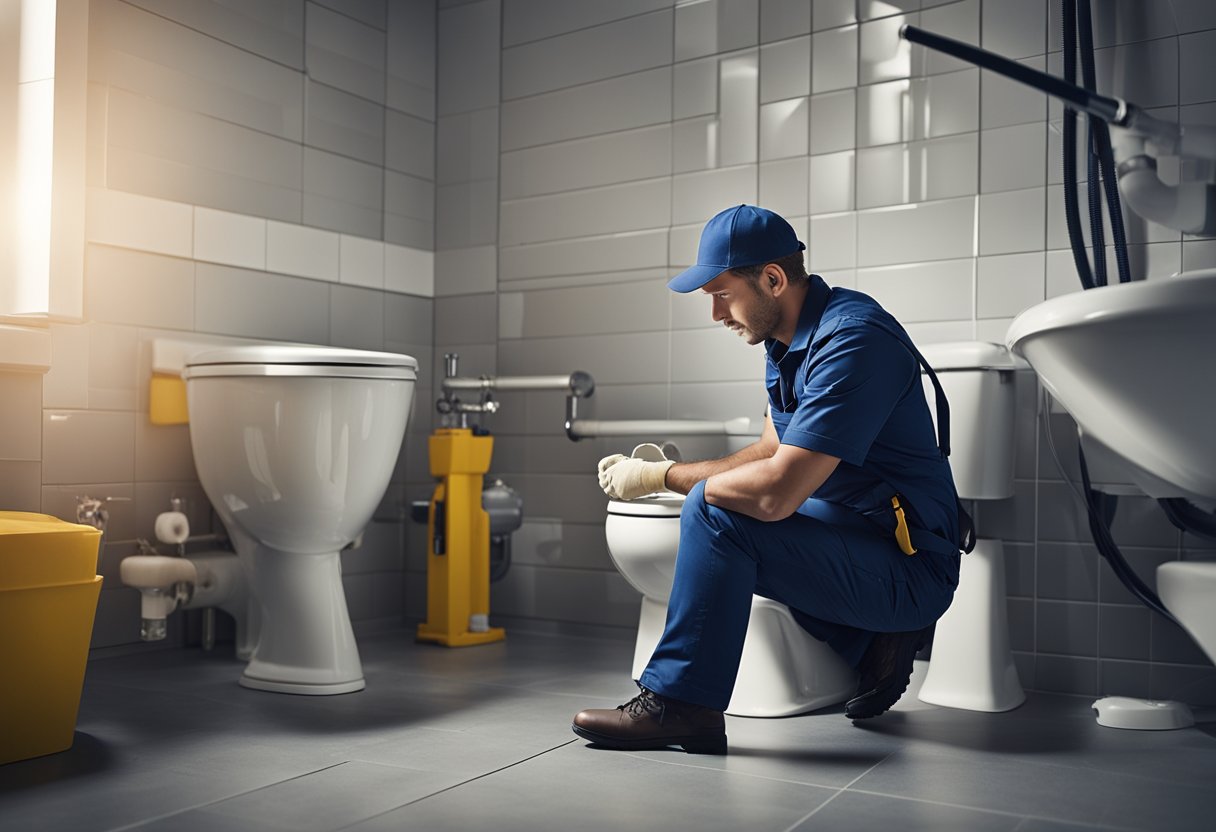 A plumber installs a classic toilet, checking measurements and connecting pipes