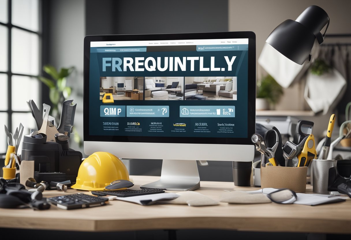A banner with "Frequently Asked Questions affordable renovations" displayed on a computer screen, surrounded by various home improvement tools and materials