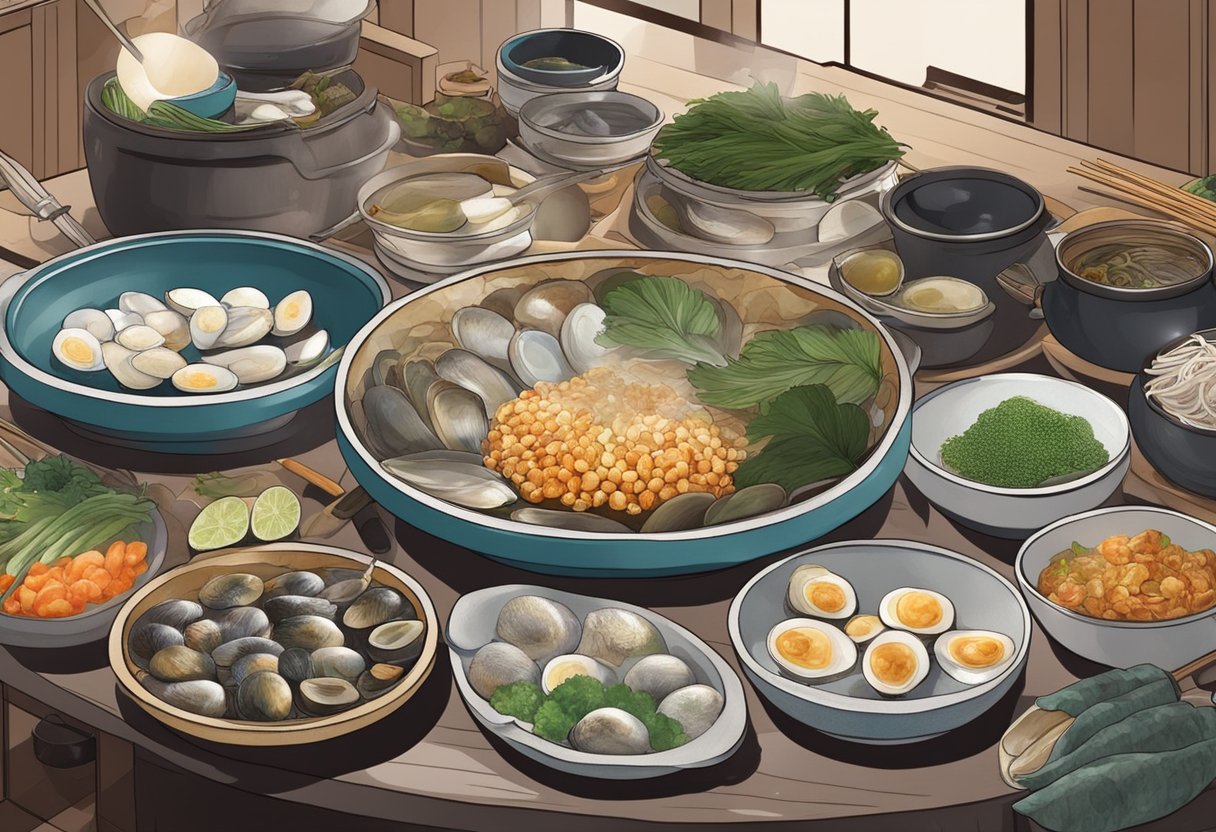 A table set with fresh Korean abalones, surrounded by various ingredients and cooking utensils. A chef's hand is seen preparing the abalones in a traditional Korean kitchen