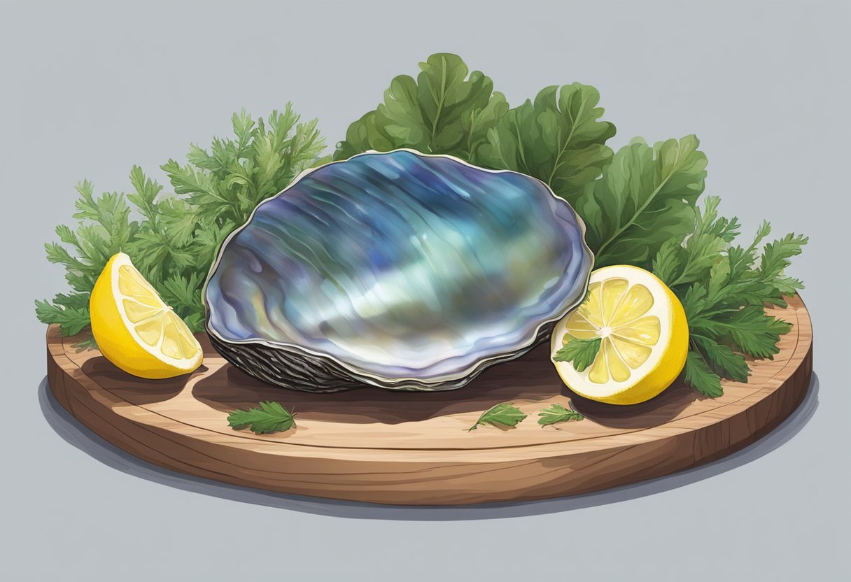 A large live abalone sits on a bed of seaweed, surrounded by fresh herbs and sliced lemons. A chef's knife and cutting board are nearby, ready for preparation