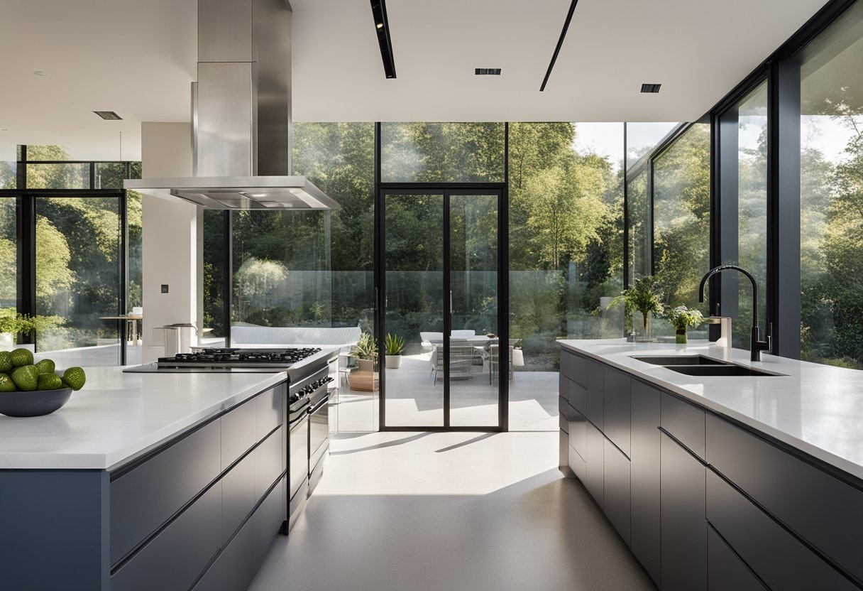 A spacious, modern kitchen with a sleek glass wall, allowing natural light to flood the room. The wall seamlessly connects the indoor and outdoor spaces, creating a sense of openness and fluidity in the design
