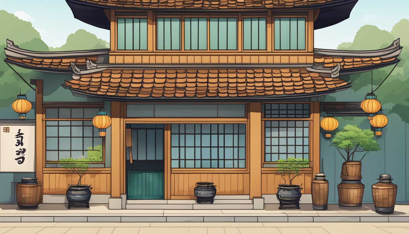 The exterior of Kim's Korean restaurant, with a traditional tiled roof, hanging lanterns, and a welcoming sign in Korean script