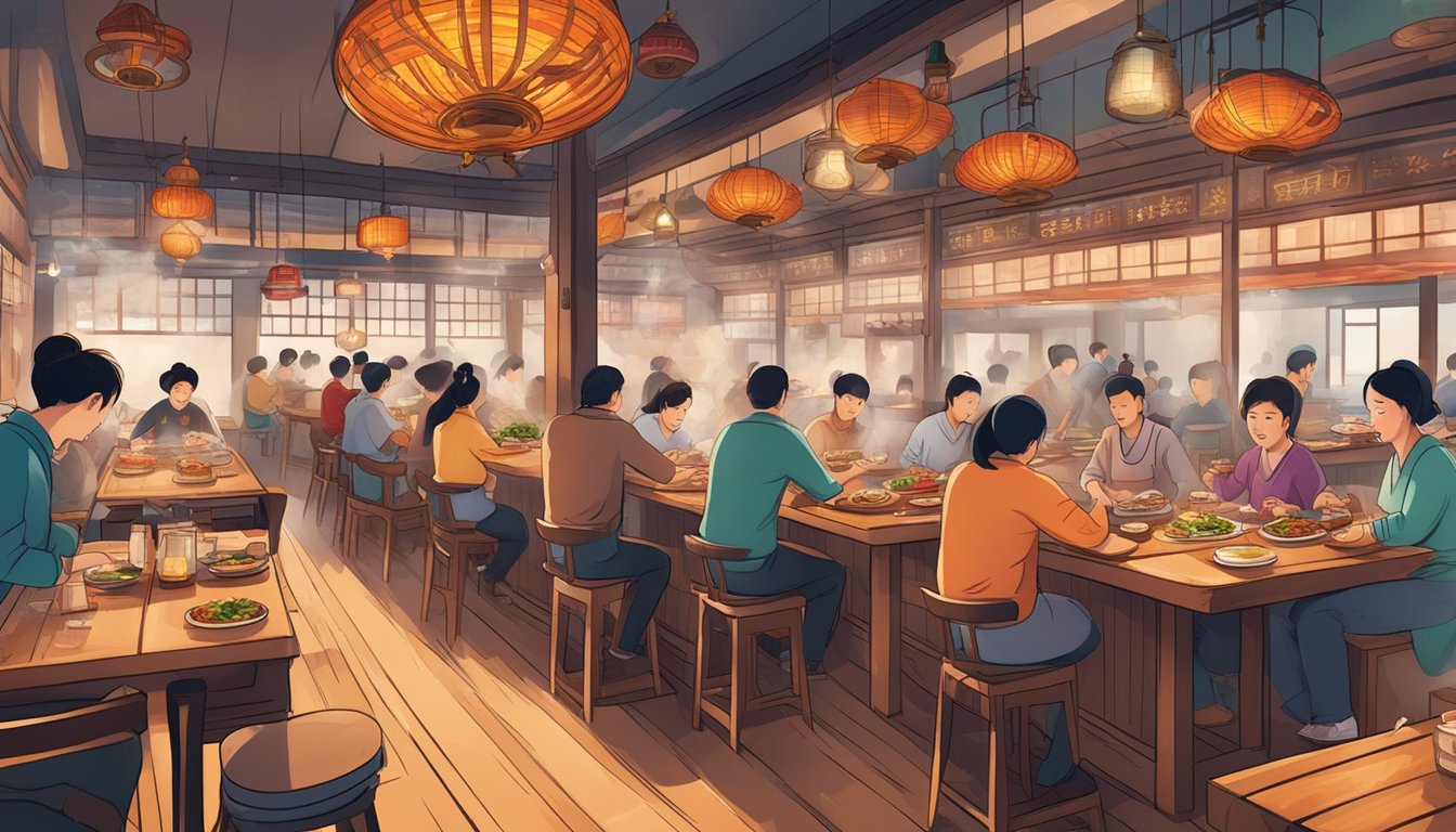 A bustling Korean restaurant with traditional decor and steaming dishes on every table. The aroma of sizzling meats and spicy sauces fills the air